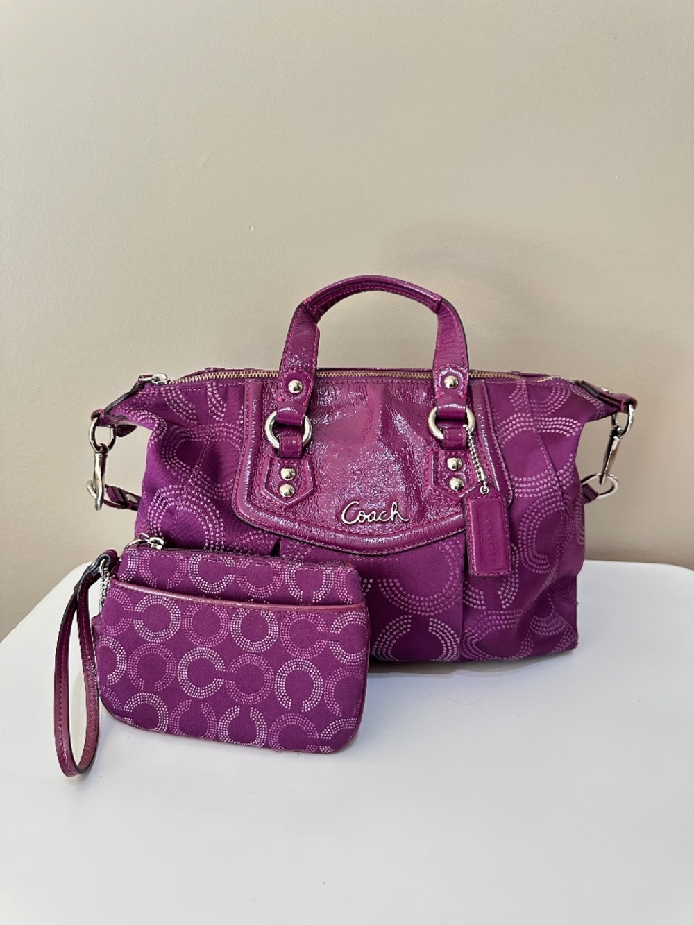Coach Purple Ashley Dotted Op Art Satchel Crossbody Bag with Wristlet
